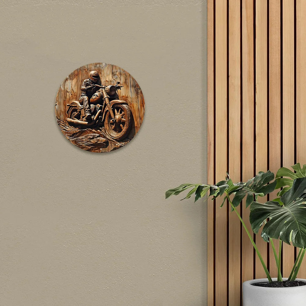 Round Metal Bike Sign Faux Wood