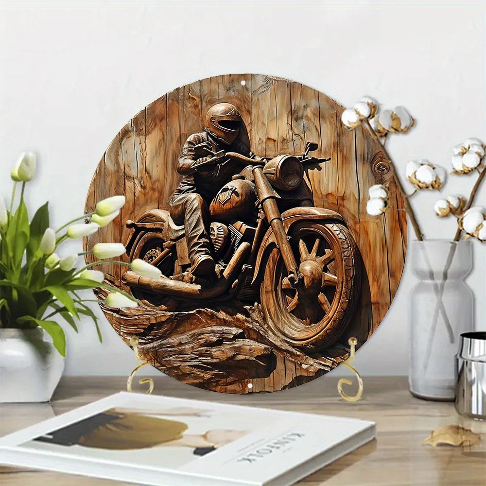Round Metal Bike Sign Faux Wood
