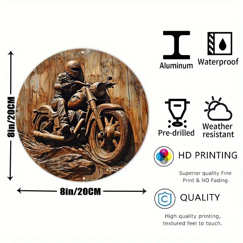 Round Metal Bike Sign Faux Wood