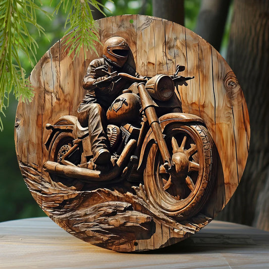 Round Metal Bike Sign Faux Wood